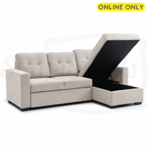 Lifestyle image of the Hampton Corner Sofa Bed in Natural Weave and has ottoman storage