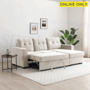 Lifestyle image of the Hampton Corner Sofa Bed in Natural Weave, in a sleeping position