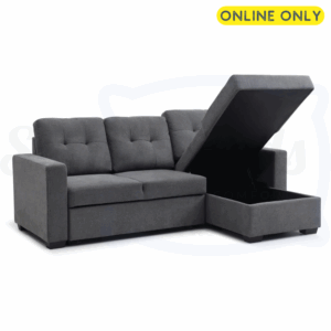 Grey Hampton Corner Sofa Bed by Simply Beds Sussex - ottoman raised. Grey weave fabric