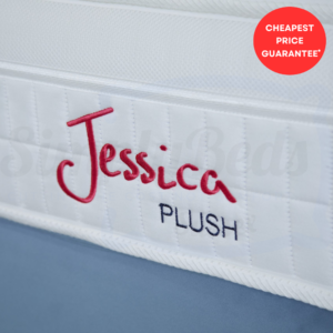 Close-Up of the Jessica Plush logo embroidered onto the end of the mattress