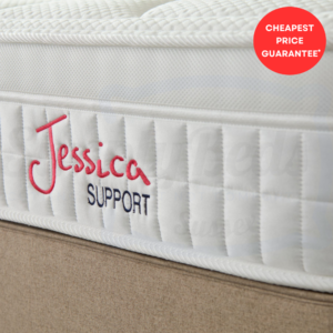 Close-Up of the Jessica Support logo embroidered onto the end of the mattress