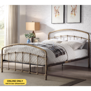 Studio image of an angled metal bed frame in antique bronze