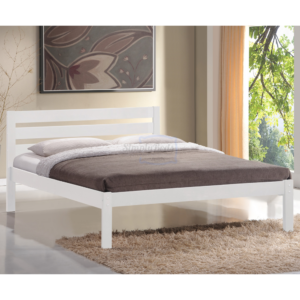 Picture of a white wooden bed frame taken at an angle