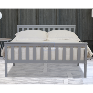 Marnel grey wooden bed frame pictured face on with mattress, bedding and pillows