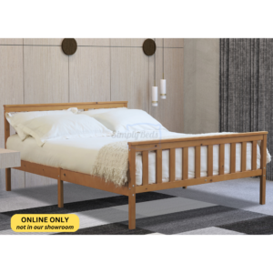 Studio image of an oak wooden bed frame pictured at an angle