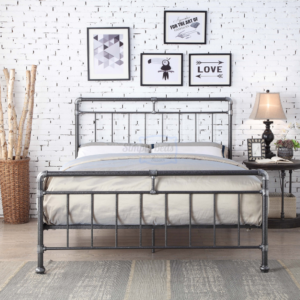 Studio image taken straight on of the black and silver industrial looking metal bed frame