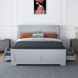 Studio image taken straight on of the Conway 4 drawer bed frame in grey with drawers open