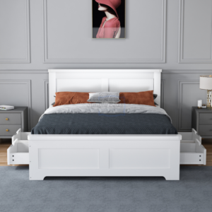 Studio image taken straight on of the Conway 4 drawer bed frame in white with drawers open
