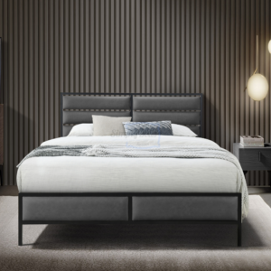 Modern bed frame with black surround and padded grey faux leather sections front view