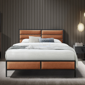 Modern bed frame with black surround and padded tan faux leather sections front view
