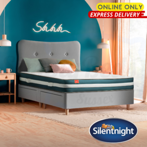 Lifestyle image of the Just Bliss mattress on a bed with online only and express delivery signs