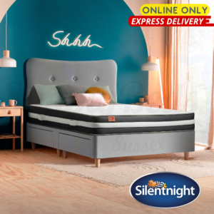 Lifestyle image of the Just Snug mattress on a bed with online only and express delivery signs
