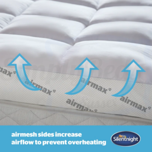 Studio image of the Silentnight Airmax 1000 topper with graphics showing it is breathable