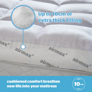 Studio image of the Silentnight Airmax 1000 topper with graphics showing it is up to 10cm thick