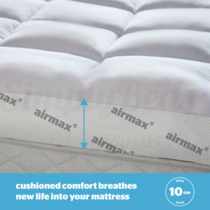 Studio image of the Silentnight Airmax 1000 topper with graphics saying it breathes new life into your mattress