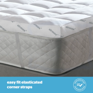 Studio image of the Silentnight Airmax 1000 topper with graphics showing it has elasticated straps