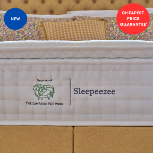 Studio image of the Sleepeezee wool luxe 3700 mattress close up showing the campaign for wool logo