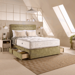 Harrison Spinks Jade mattress on a base with drawers open