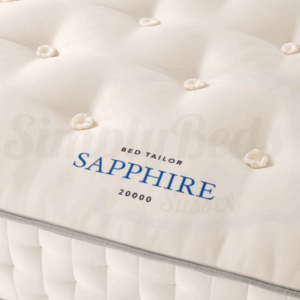 A close up of the embroidered label on the Harrison Spinks Sapphire mattress