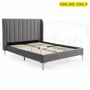 Diagonal studio image of the Kyoto Avery bed frame in grey velvet