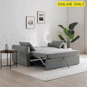 Lifestyle image of the Kyoto Clarke sofa bed in grey fabric set in sleeping position