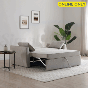 Lifestyle image of the Kyoto Clarke sofa bed in natural fabric set in sleeping position
