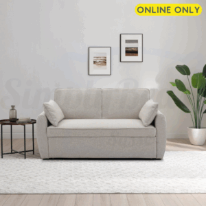 Lifestyle image taken front on, of the Kyoto Clarke sofa bed in natural fabric