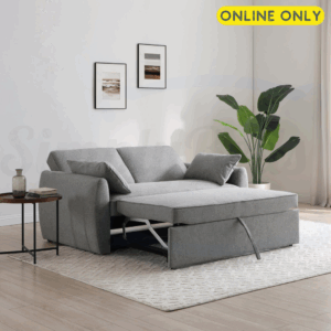 Lifestyle image of the Kyoto Clarke sofa bed in grey fabric set in sleeping position