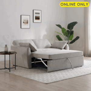 Lifestyle image of the Kyoto Clarke sofa bed in natural fabric set in sleeping position
