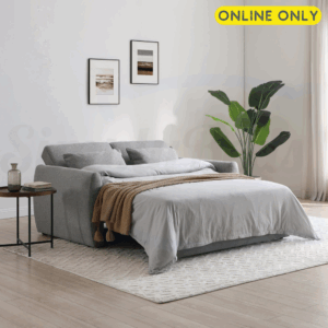 Lifestyle image of the Kyoto Clarke sofa bed in grey fabric set in sleeping position and dressed