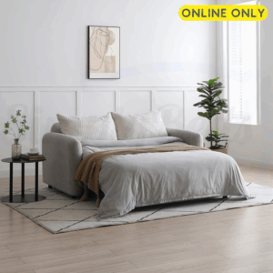 Lifestyle image of the Kyoto Cloud 2-Seater sofa bed dressed with sleeping section pulled out