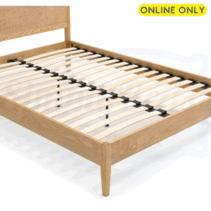 Diagonal studio image of the sprung slats on the Kyoto Ezra rattan bed frame