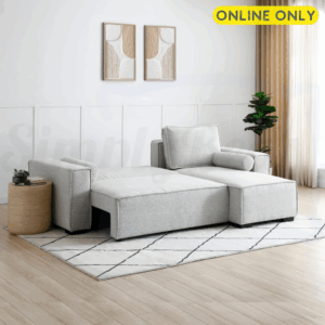 Lifestyle image of the Harrison Corner Sofa Bed in natural boucle fabric - set in sleeping position