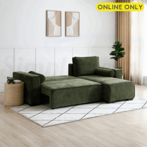 Lifestyle image of the Harrison Corner Sofa Bed in olive chenille fabric - set in sleeping position