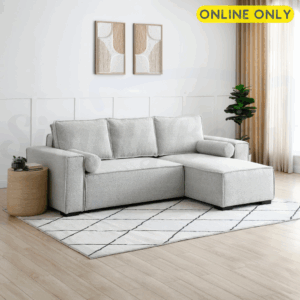 Lifestyle image of the Harrison Corner Sofa Bed in natural boucle fabric