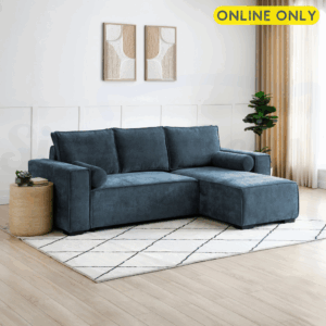 Lifestyle image of the Harrison Corner Sofa Bed in navy chenille fabric