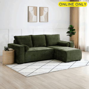 Lifestyle image of the Harrison Corner Sofa Bed in olive chenille fabric