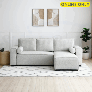 Lifestyle image of the Harrison Corner Sofa Bed in natural boucle fabric - front on