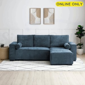 Lifestyle image of the Harrison Corner Sofa Bed in navy chenille fabric - front on