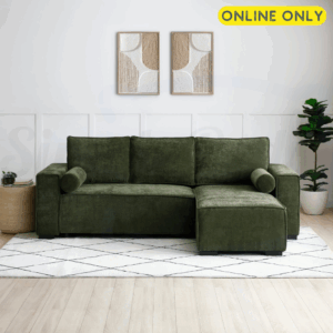 Lifestyle image of the Harrison Corner Sofa Bed in olive chenille fabric - front on