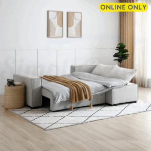 Lifestyle image of the Harrison Corner Sofa Bed in natural boucle fabric - set in sleeping position