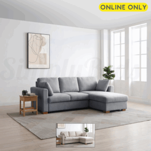 Lifestyle image of the Sorrento Corner Sofa Bed with smaller image showing other fabric option