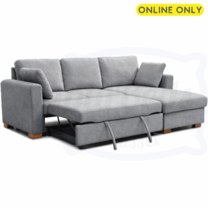 Studio image of the Sorrento Corner Sofa Bed set in a sleeping position in grey chenille fabric