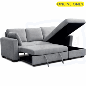 Studio image of the Sorrento Corner Sofa Bed set in a sleeping position with ottoman storage open in grey chenille fabric