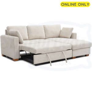 Studio image of the Sorrento Corner Sofa Bed set in a sleeping position in natural chenille fabric