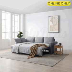 Lifestyle image of the Sorrento Corner Sofa Bed set in a sleeping position in grey chenille fabric