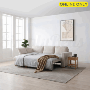 Lifestyle image of the Sorrento Corner Sofa Bed set in a sleeping position in natural chenille fabric