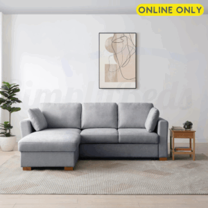 Lifestyle image of the Sorrento Corner Sofa Bed front on in grey chenille fabric