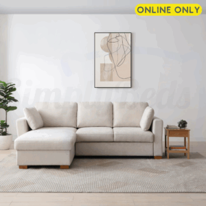 Lifestyle image of the Sorrento Corner Sofa Bed front on in natural chenille fabric