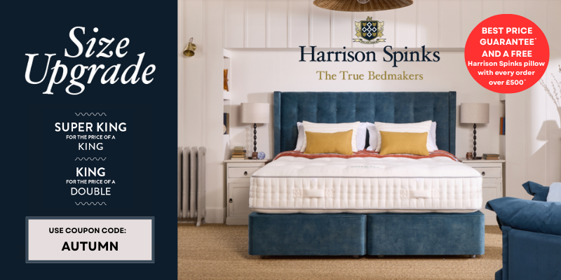 Advert showing a Harrison Spinks bed with details of a promotion and a coupon code
